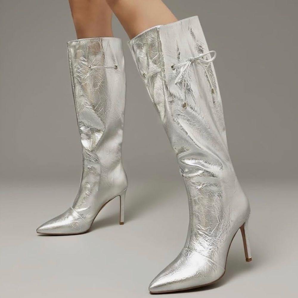 Silver Knee-High Stiletto Boots